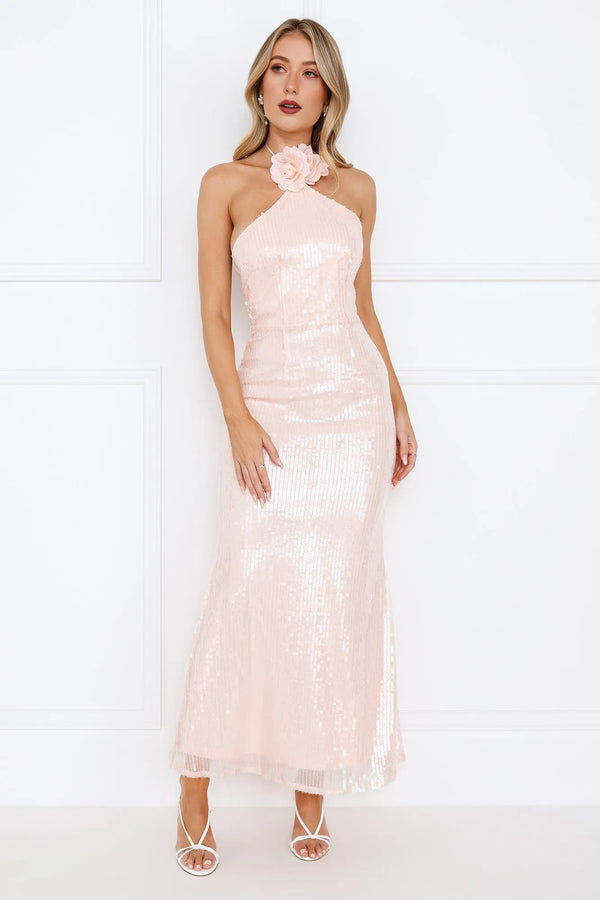 Star Shine Halter Sequin Maxi Dress Pink