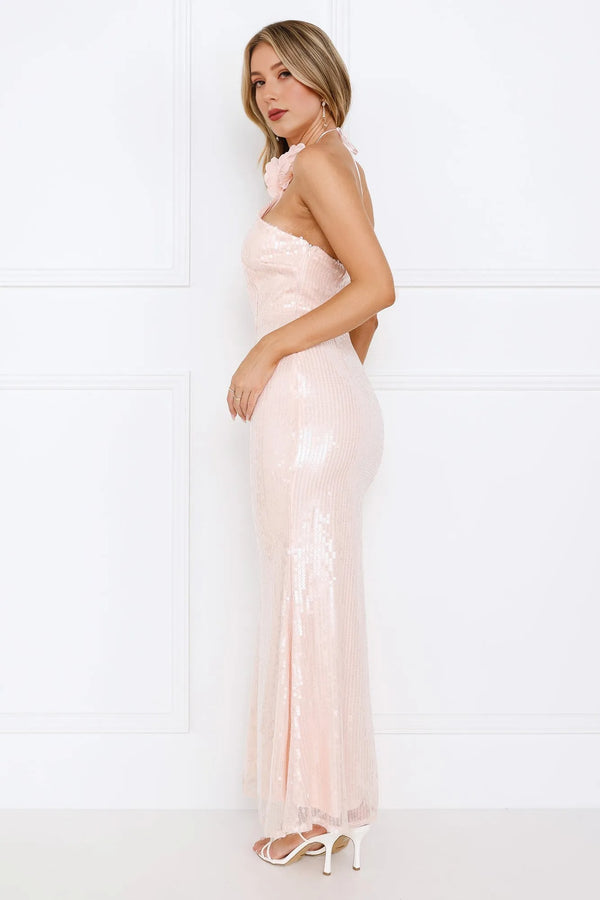Star Shine Halter Sequin Maxi Dress Pink