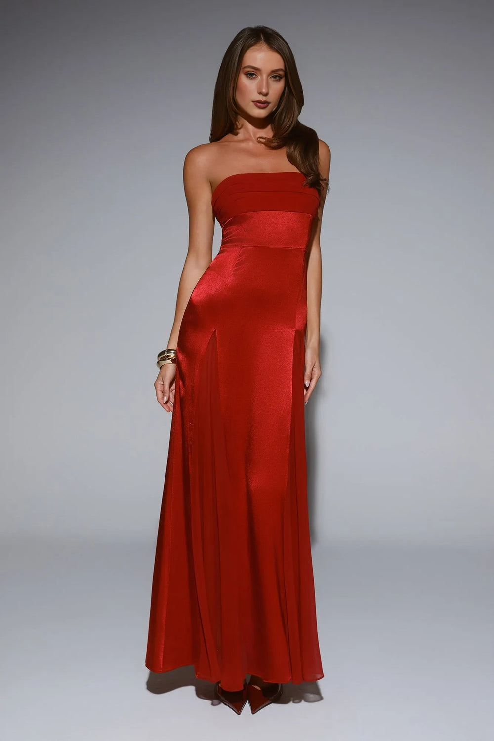 Statement Shine Strapless Satin Maxi Dress Red