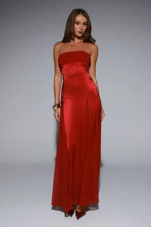 Statement Shine Strapless Satin Maxi Dress Red