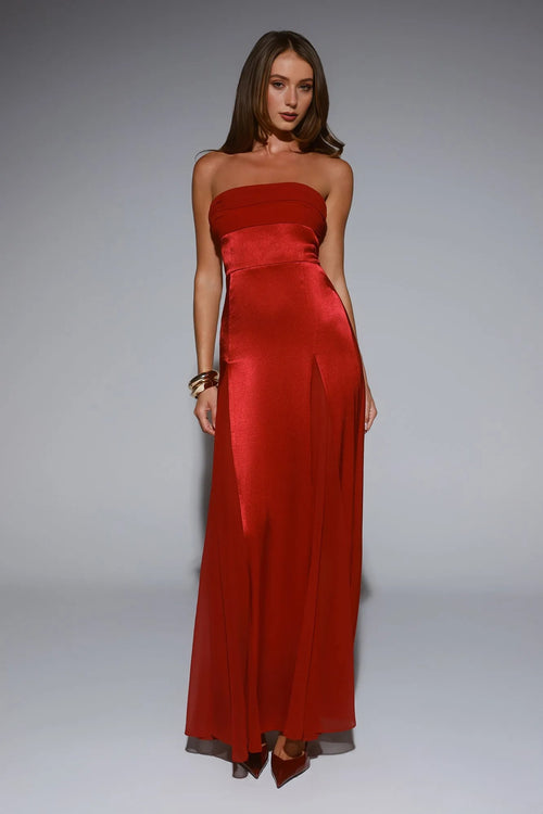 Statement Shine Strapless Satin Maxi Dress Red