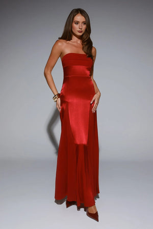 Statement Shine Strapless Satin Maxi Dress Red