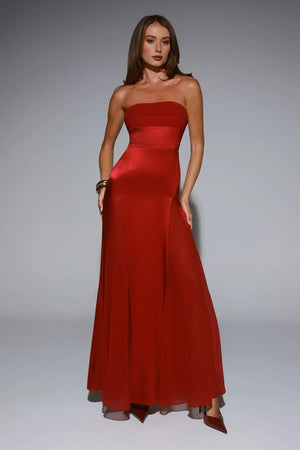 Statement Shine Strapless Satin Maxi Dress Red