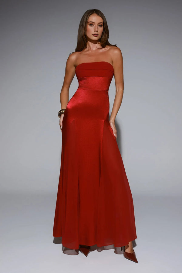Statement Shine Strapless Satin Maxi Dress Red