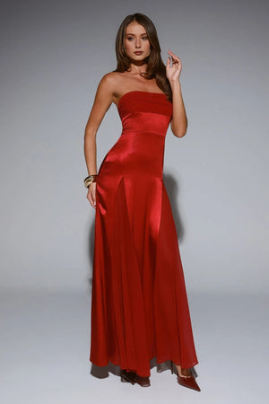 Statement Shine Strapless Satin Maxi Dress Red