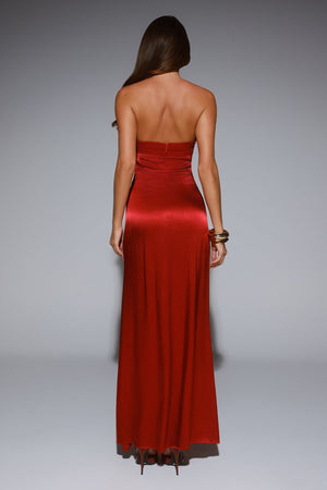 Statement Shine Strapless Satin Maxi Dress Red