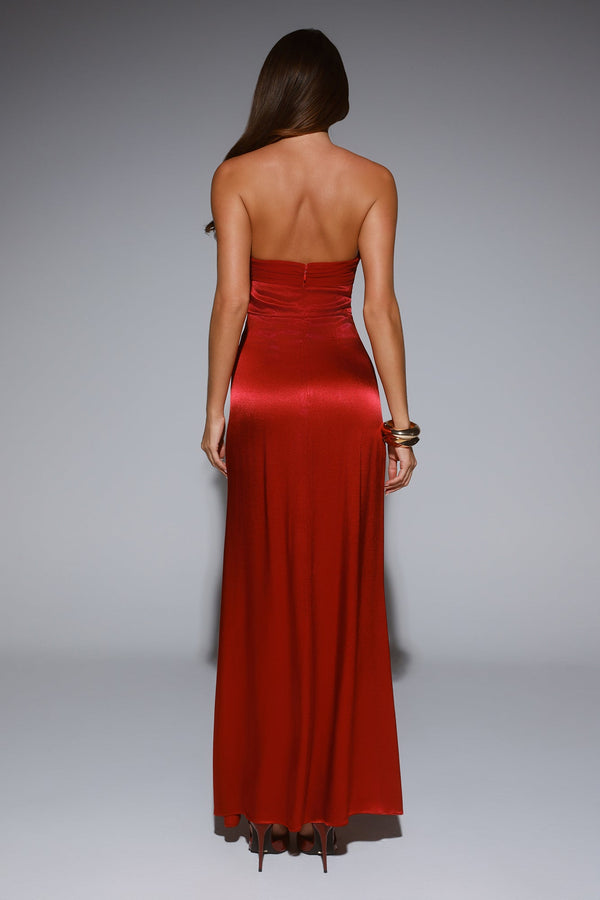 Statement Shine Strapless Satin Maxi Dress Red