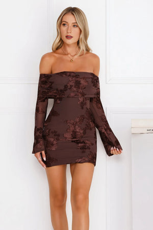 Styled To Impress Off Shoulder Mesh Mini Dress Chocolate