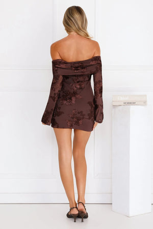 Styled To Impress Off Shoulder Mesh Mini Dress Chocolate