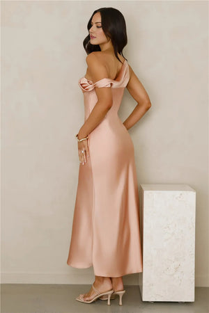 Stylish Season Off Shoulder Satin Midi Dress Peach