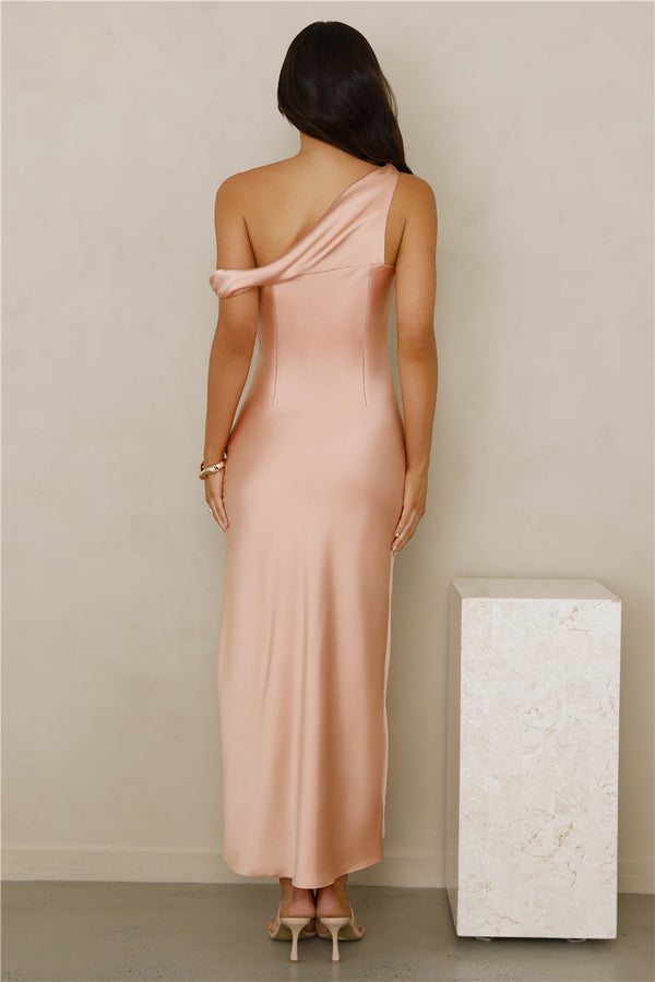 Stylish Season Off Shoulder Satin Midi Dress Peach