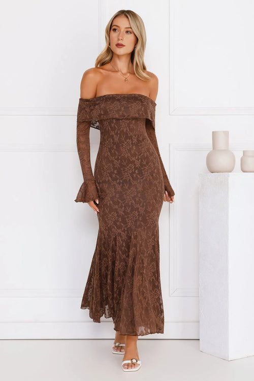 Supreme Off Shoulder Mesh Maxi Dress Chocolate