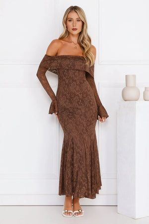 Supreme Off Shoulder Mesh Maxi Dress Chocolate
