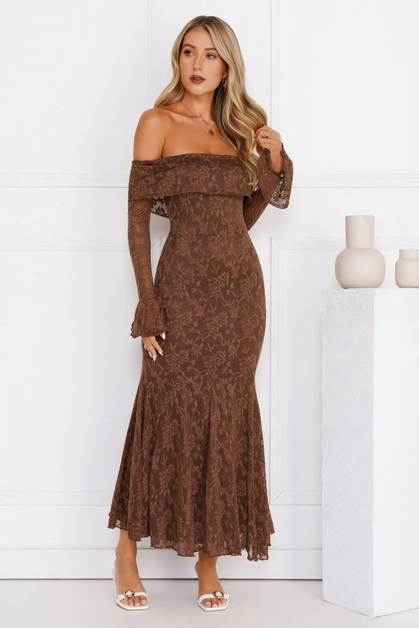 Supreme Off Shoulder Mesh Maxi Dress Chocolate