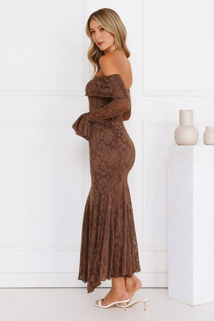 Supreme Off Shoulder Mesh Maxi Dress Chocolate