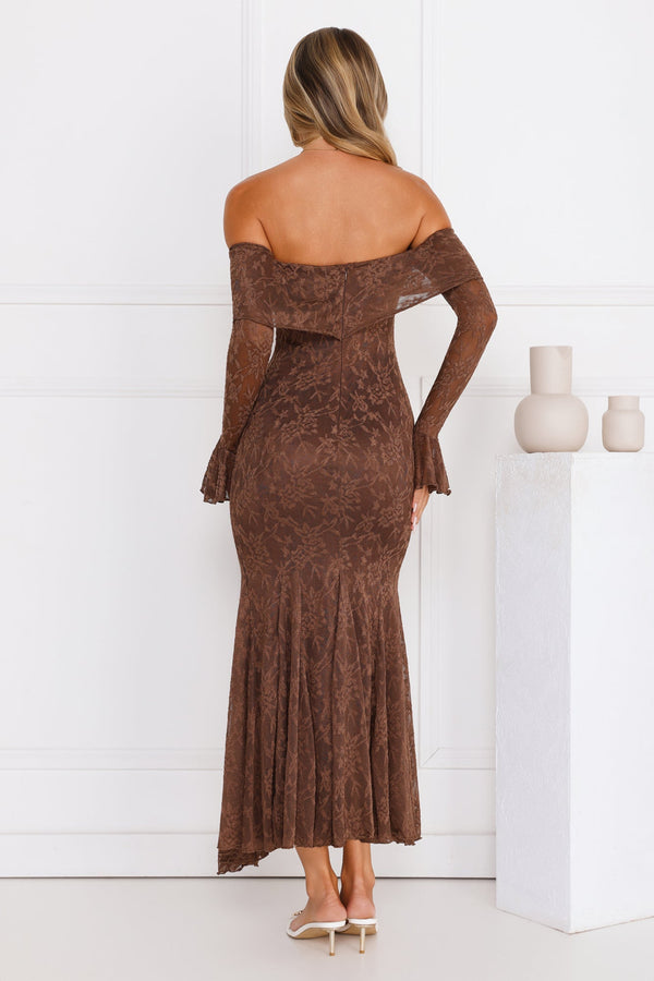 Supreme Off Shoulder Mesh Maxi Dress Chocolate