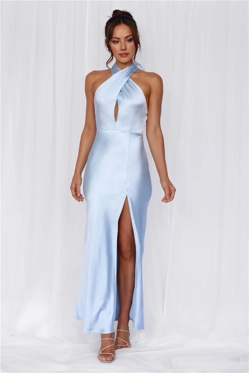 The Adeline Halter Satin Maxi Dress Blue