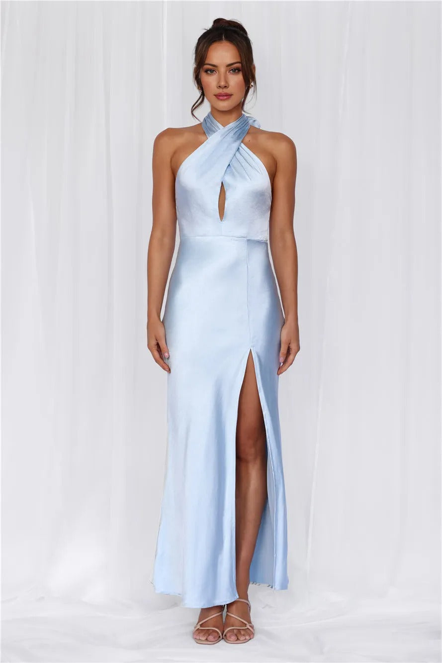 The Adeline Halter Satin Maxi Dress Blue