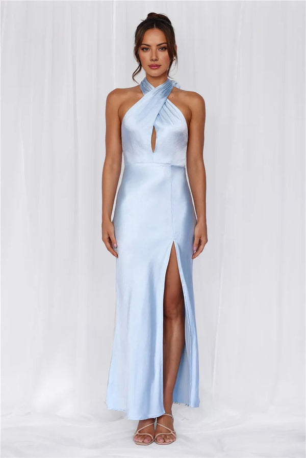 The Adeline Halter Satin Maxi Dress Blue