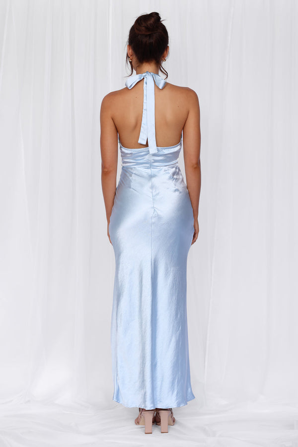 The Adeline Halter Satin Maxi Dress Blue
