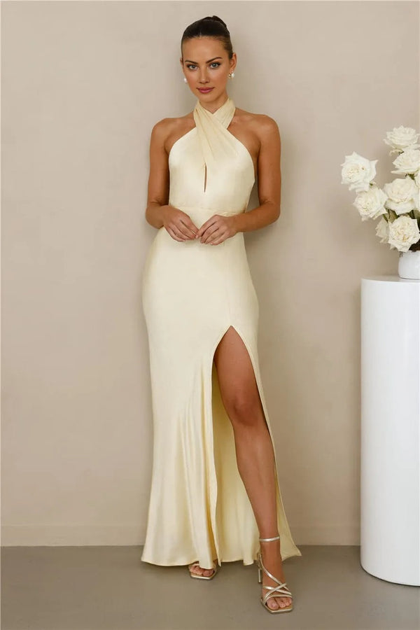 The Adeline Halter Satin Maxi Dress Yellow