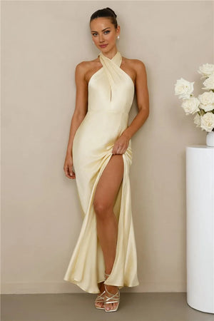 The Adeline Halter Satin Maxi Dress Yellow