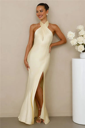The Adeline Halter Satin Maxi Dress Yellow