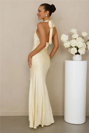 The Adeline Halter Satin Maxi Dress Yellow