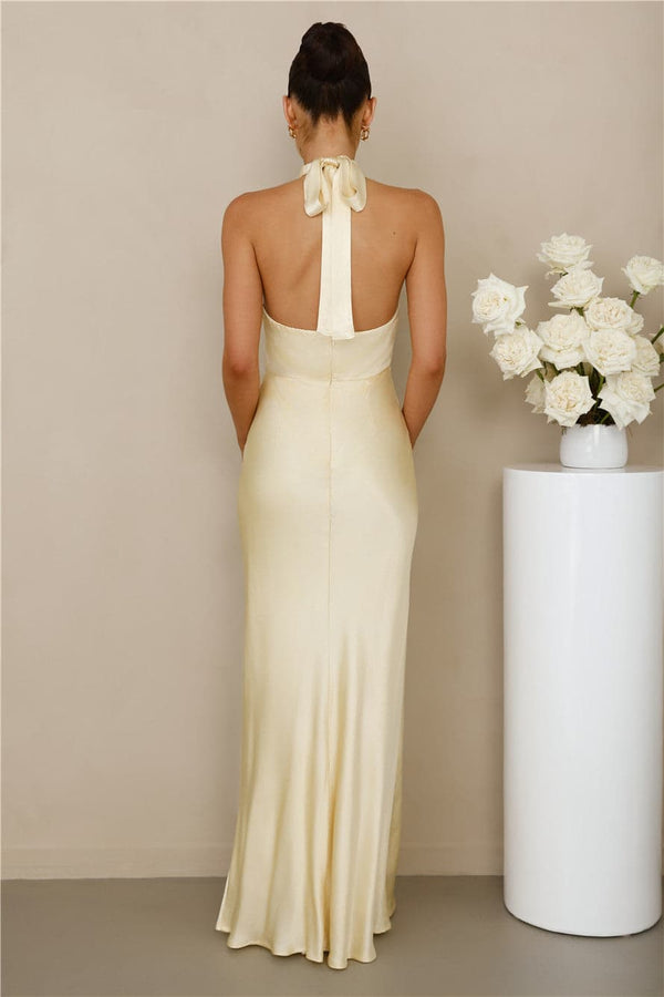 The Adeline Halter Satin Maxi Dress Yellow