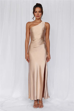 The Aurora One Shoulder Satin Maxi Dress Champagne