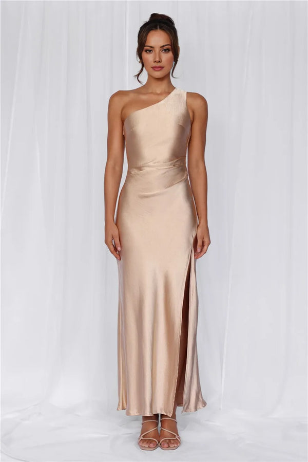 The Aurora One Shoulder Satin Maxi Dress Champagne