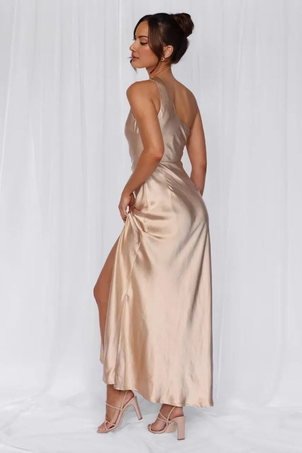 The Aurora One Shoulder Satin Maxi Dress Champagne