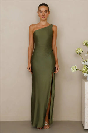 The Aurora One Shoulder Satin Maxi Dress Olive