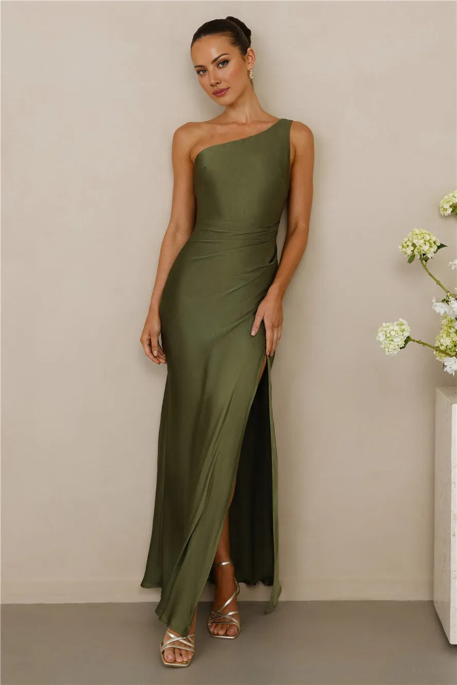 The Aurora One Shoulder Satin Maxi Dress Olive