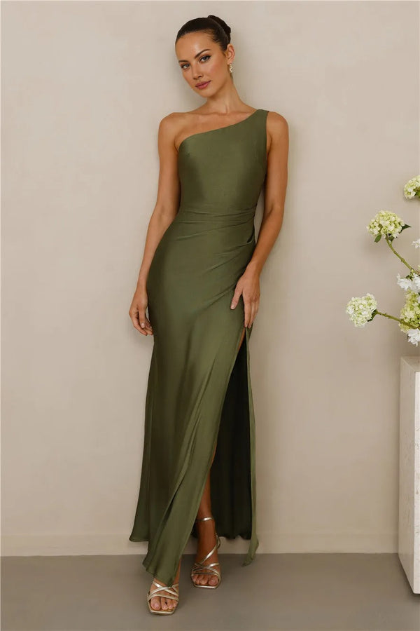 The Aurora One Shoulder Satin Maxi Dress Olive