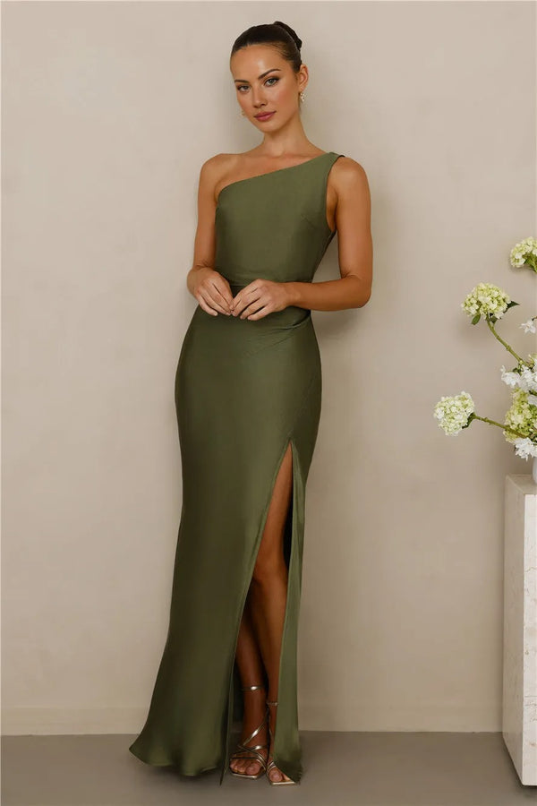 The Aurora One Shoulder Satin Maxi Dress Olive