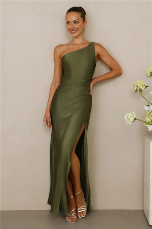 The Aurora One Shoulder Satin Maxi Dress Olive