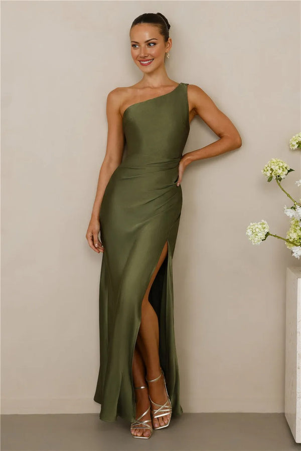 The Aurora One Shoulder Satin Maxi Dress Olive