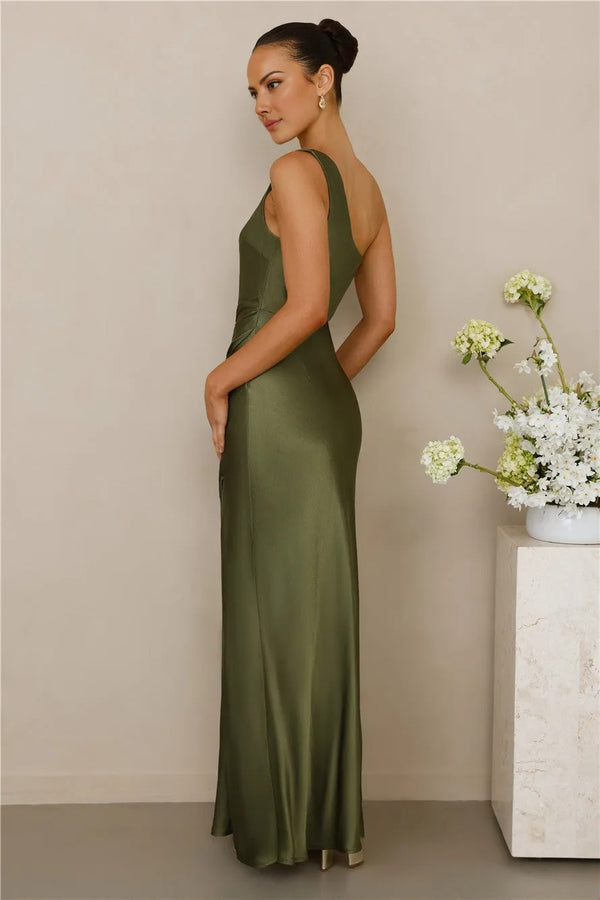 The Aurora One Shoulder Satin Maxi Dress Olive
