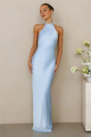 The Cleo Halter Satin Maxi Dress Blue