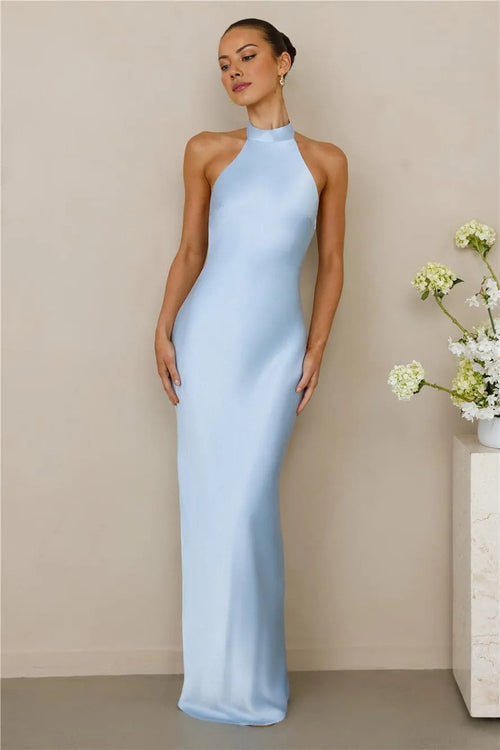 The Cleo Halter Satin Maxi Dress Blue