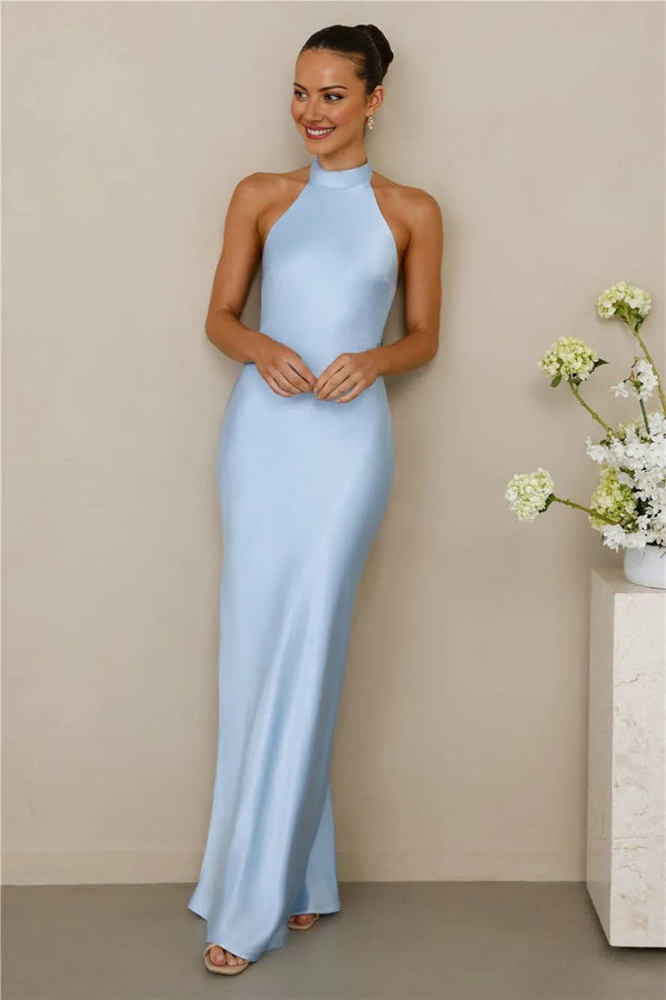 The Cleo Halter Satin Maxi Dress Blue