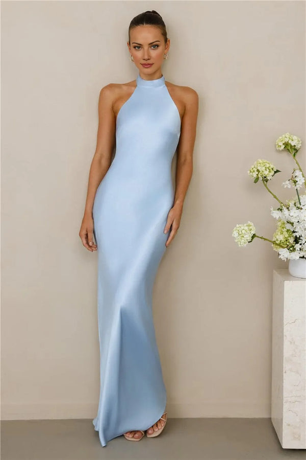 The Cleo Halter Satin Maxi Dress Blue