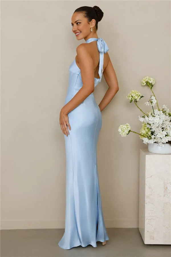 The Cleo Halter Satin Maxi Dress Blue