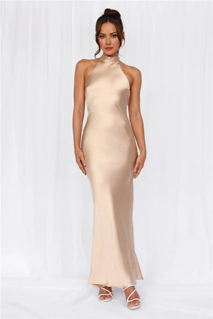 The Cleo Halter Satin Maxi Dress Champagne