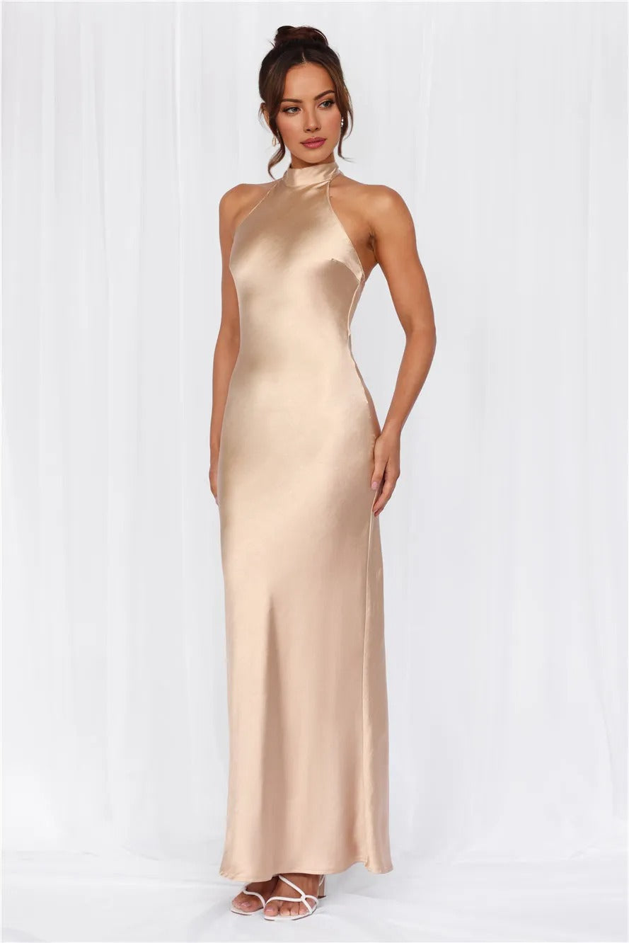 The Cleo Halter Satin Maxi Dress Champagne