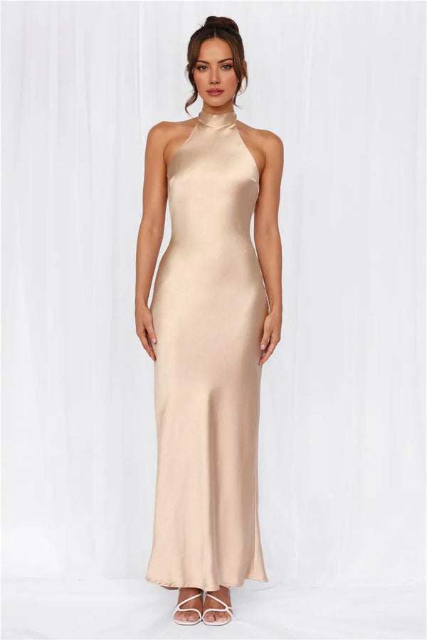 The Cleo Halter Satin Maxi Dress Champagne