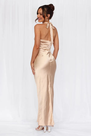 The Cleo Halter Satin Maxi Dress Champagne