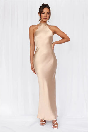 The Cleo Halter Satin Maxi Dress Champagne