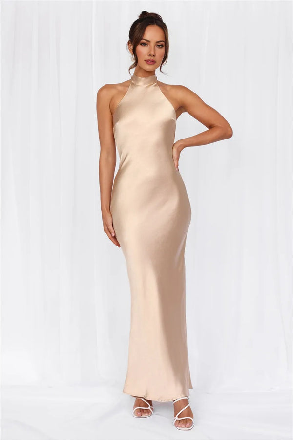 The Cleo Halter Satin Maxi Dress Champagne